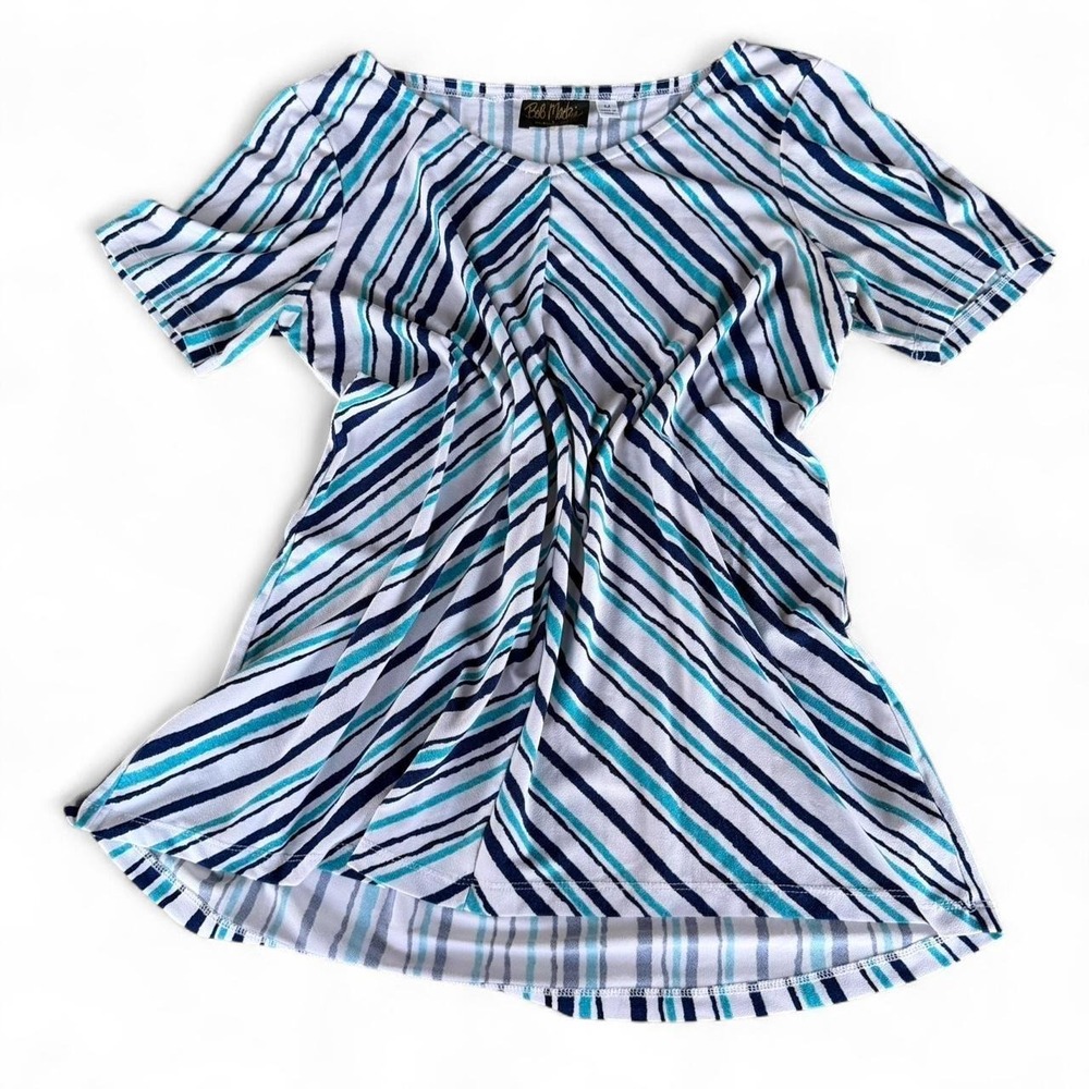 Bob Mackie Striped Tunic Top‎ White Blue Aqua Short Sleeve Women's Medium